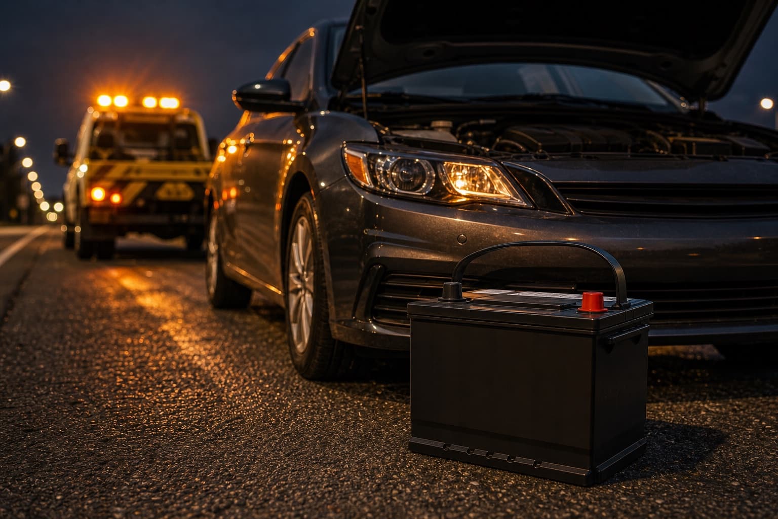 New car battery delivered beside a vehicle with the hood open
